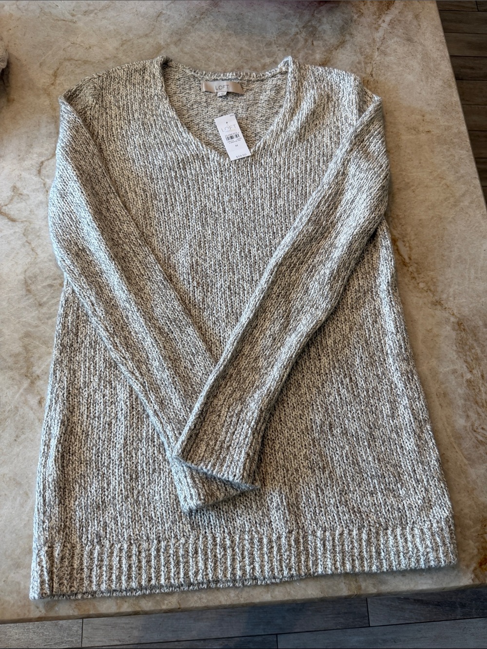 LOFT Marled Light Gray V-Neck Knit Sweater